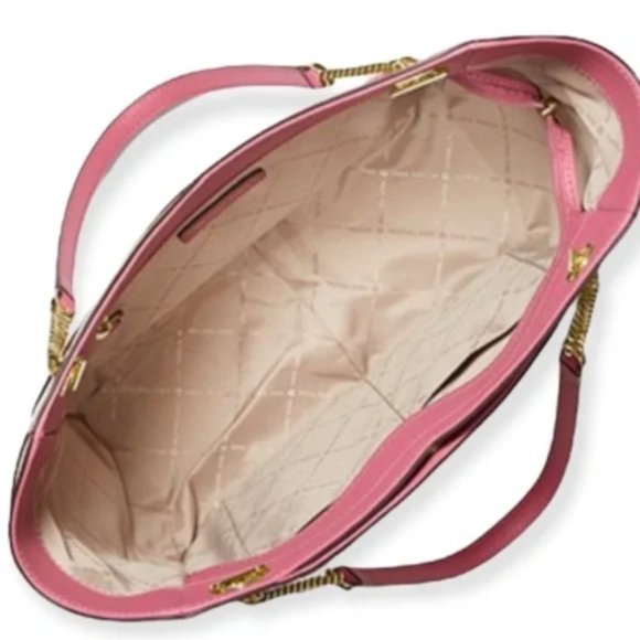 NWT Michael Kors Jet Set Leather Shoulder Bag Tote Pink Gold Chain Ivory Blush - Picture 4 of 16